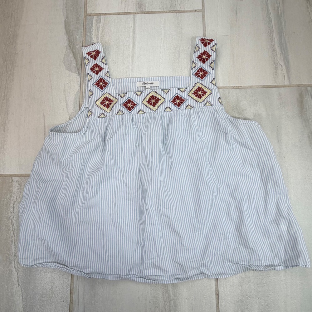 Madewell Womens Blue White Striped Embroidered Square Neck Tank Top J2986 Large